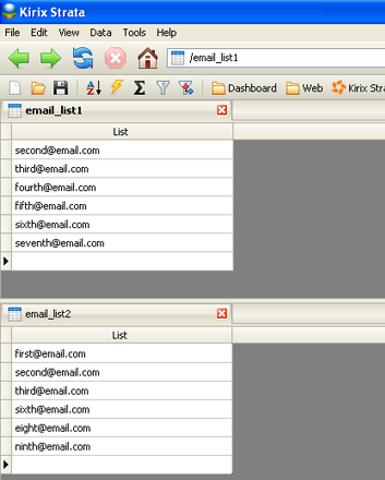 Screeshot - Two Tables of Email Addresses